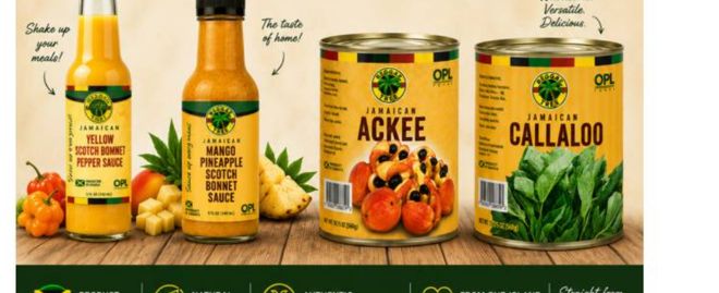 Reggae Tree scotch bonnet sauces, canned ackee and callaloo on a wooden table